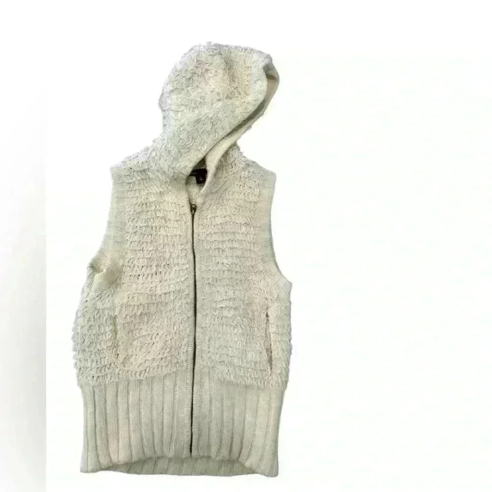 GAP Kids Cream Looped Yarn Fringed Sleeveless Vest Ribbed Trim Hood Zip L